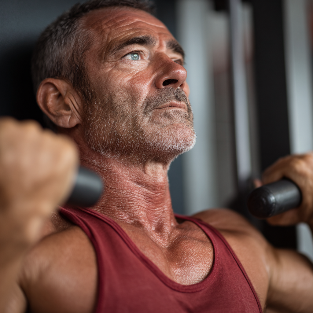 Middle-aged person performing strength training exercises with professional equipment