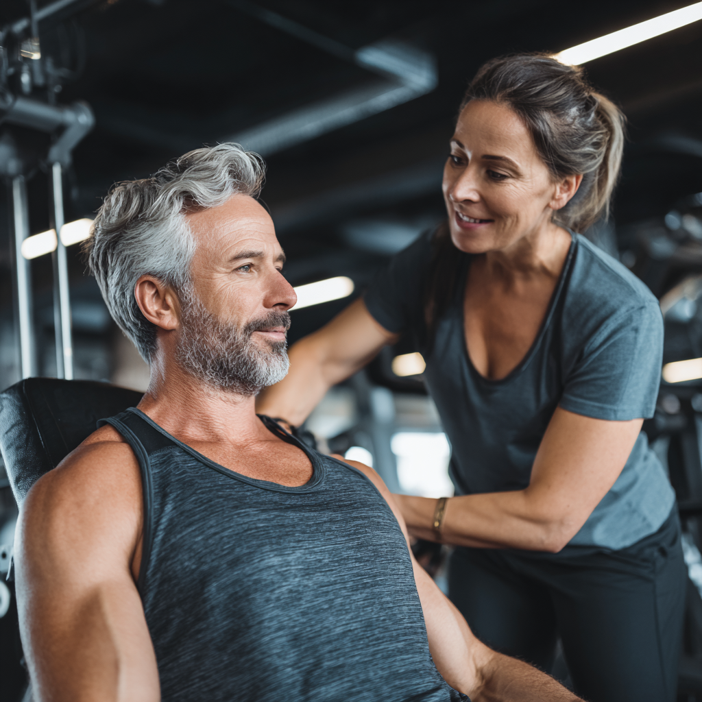 Professional fitness trainer working with middle-aged client in modern gym setting
