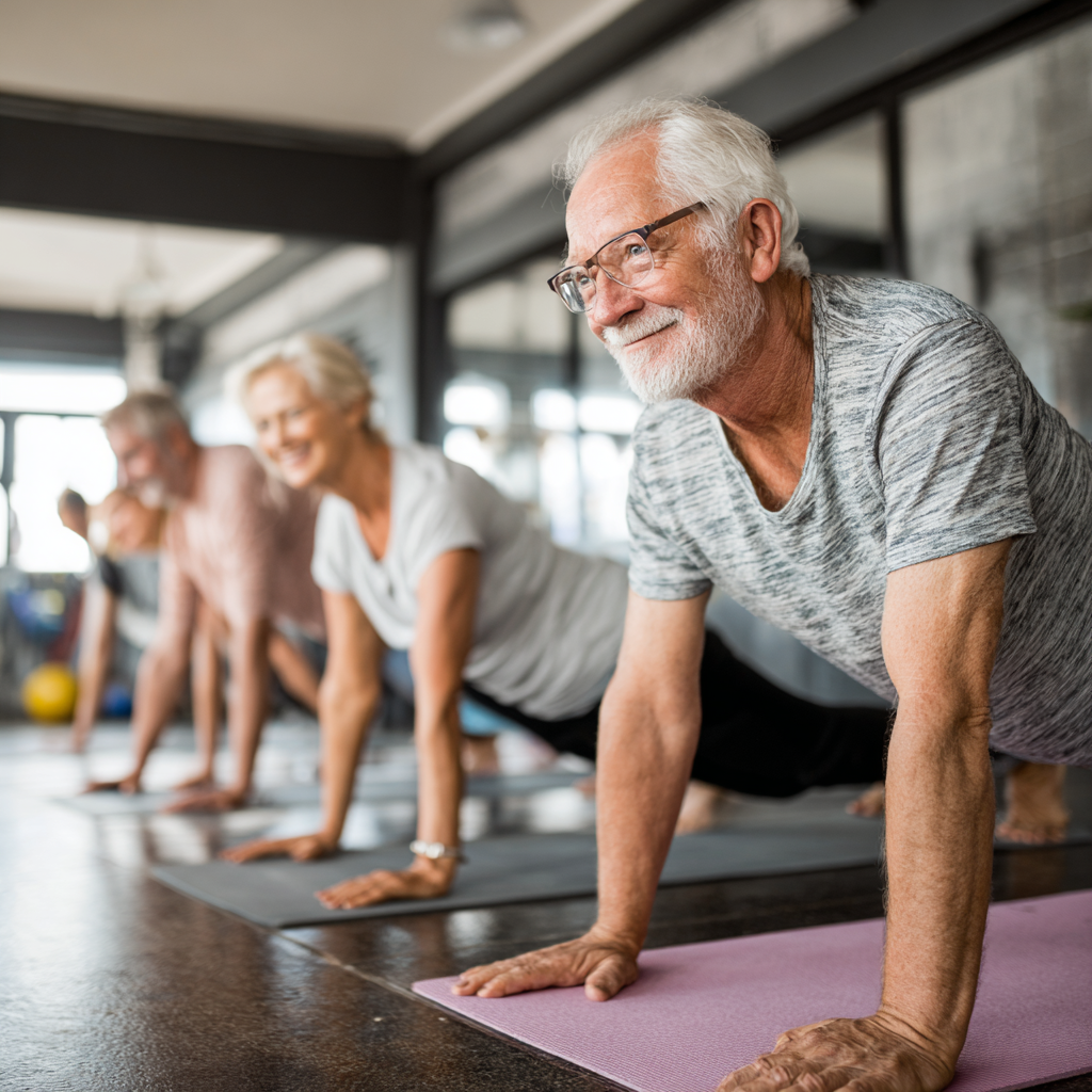 Senior adults doing functional movement exercises in bright fitness studio